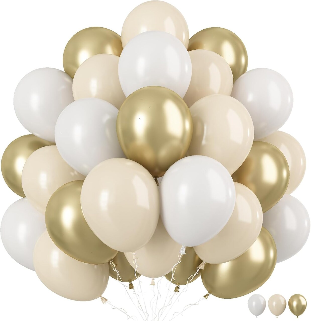 White Sand Gold Balloons, 60 Packs 12 Inch White Nude Balloons with Metallic Chrome Gold Beige Latex Balloons